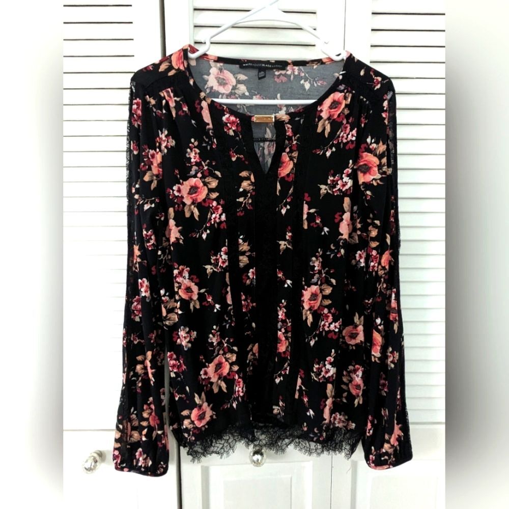 White House Black Market Top Women's sz S Black/Peach Floral Boho Peasant Blouse